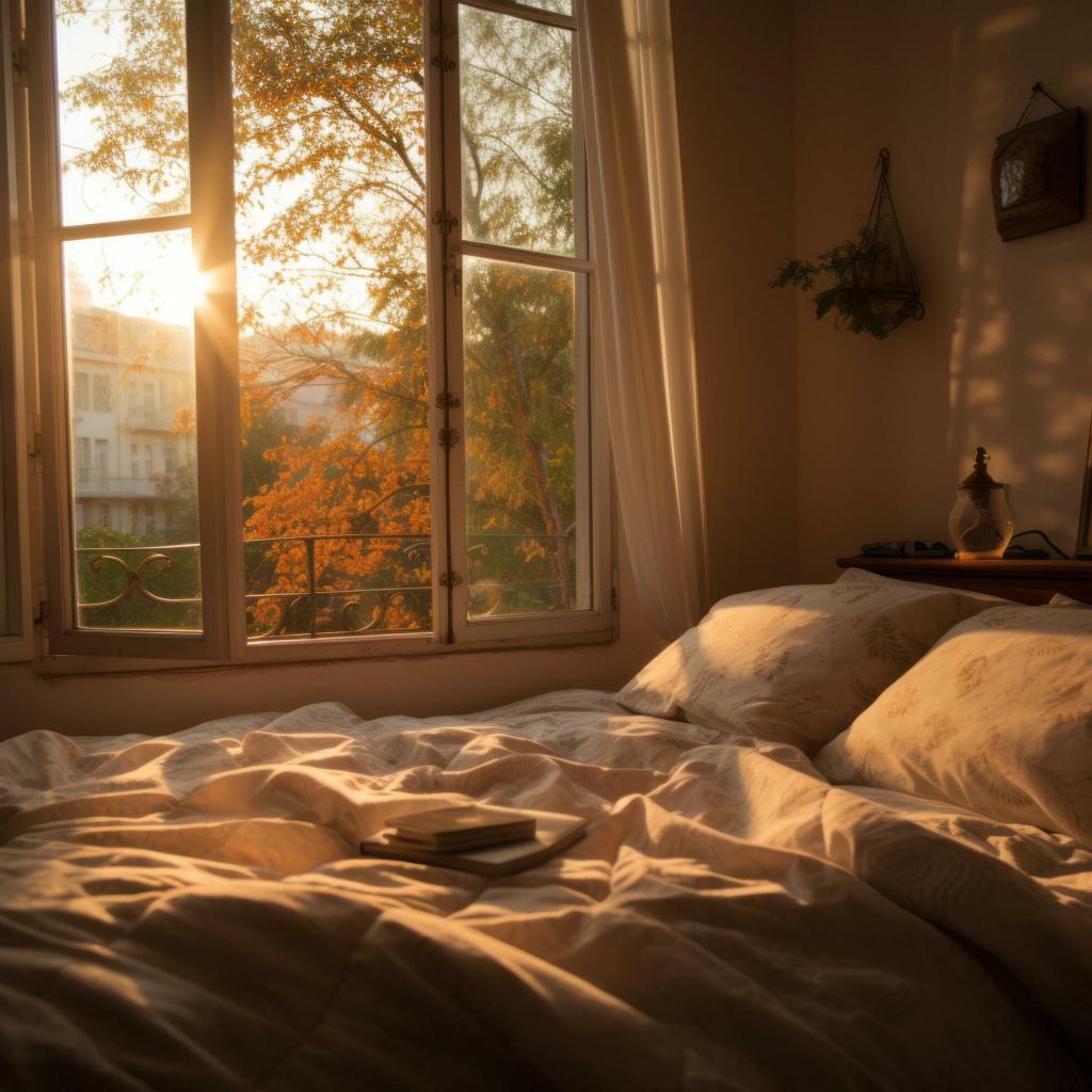 Soft morning light spilling through a window onto a bed and floorboards — symbolizing peace, acceptance, and self-forgiveness.