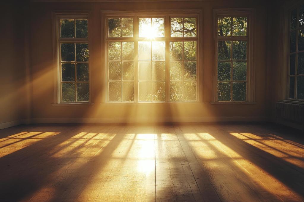 Golden sunlight streaming through tall windows into an empty room — symbol of openness, reflection, and healing.