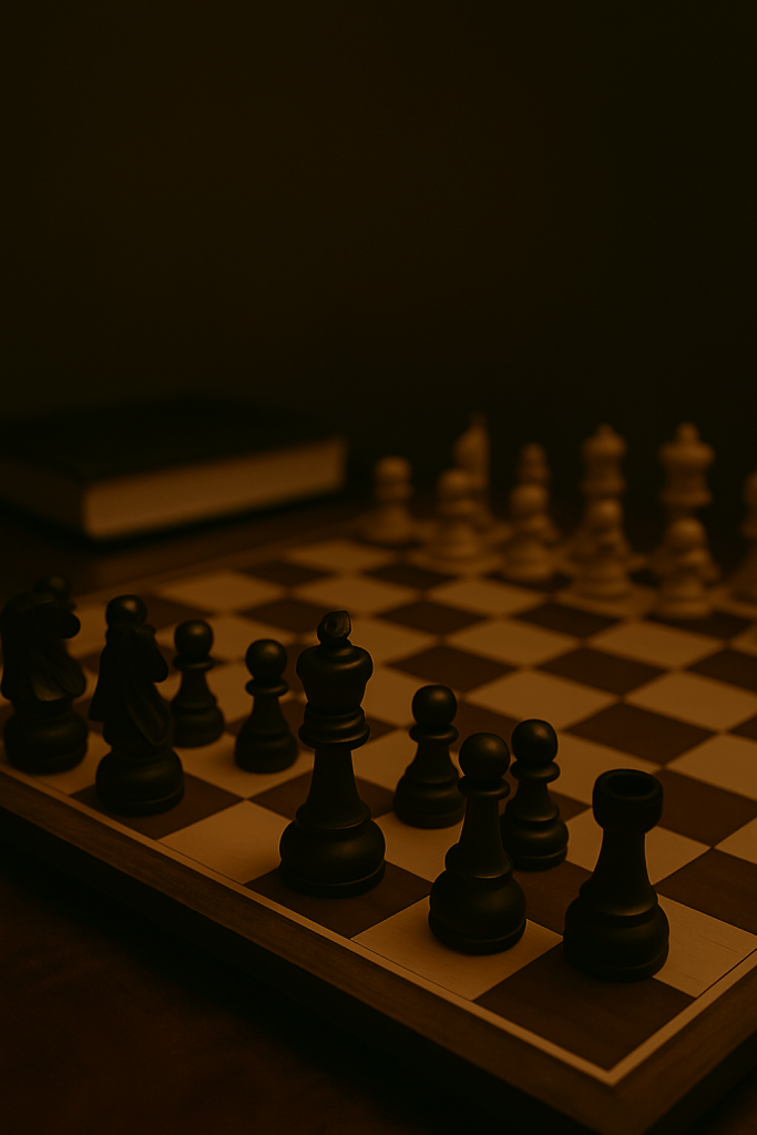 A dimly lit wooden chessboard with pieces arranged mid-game, symbolizing strategy and inner conflict. Warm shadows fall across the board, creating a contemplative mood.