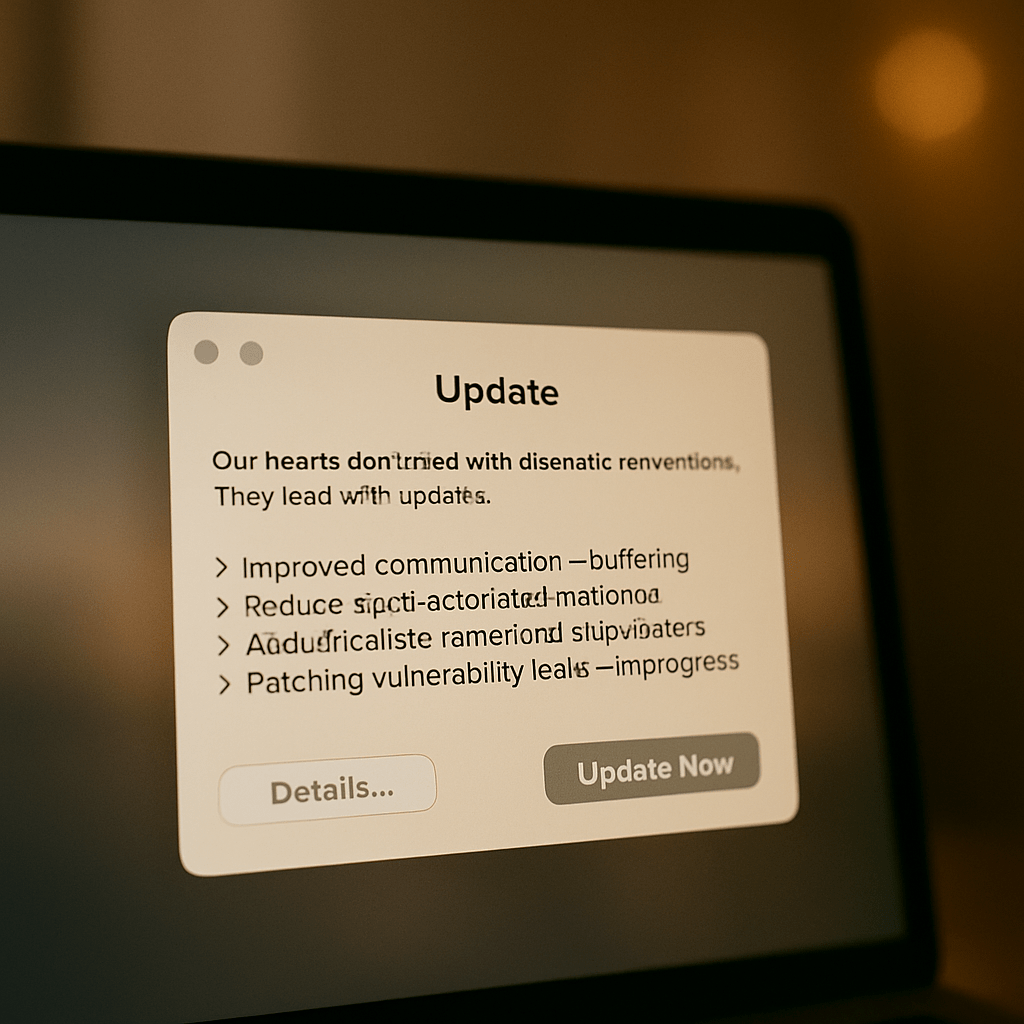 “A minimal digital-style ‘update’ pop-up window floating on a neutral background, resembling software patch notes for emotional or personal improvement.”