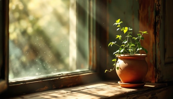 A houseplant leaning toward sunlight through a bright window, symbolizing one-sided effort and quiet emotional growth.