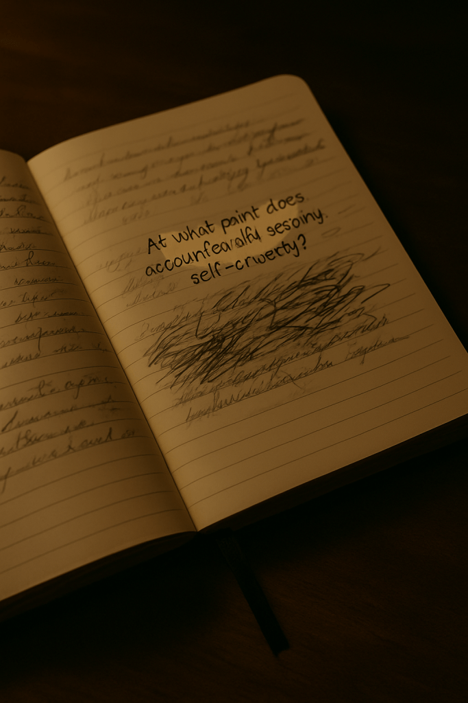 An open journal with handwritten notes and a pen resting across the pages on a warm wooden desk, capturing the mood of reflection and emotional processing.