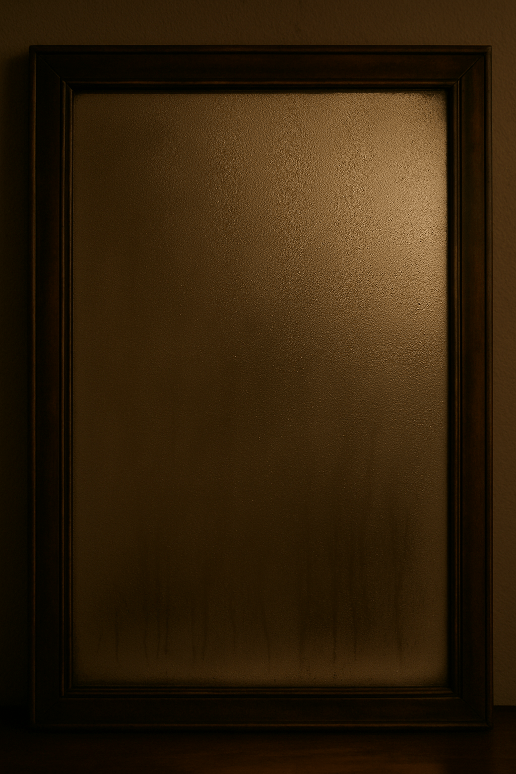 “A close-up of a bathroom mirror fogged with condensation, reflecting only soft shapes and blurred light with no clear figure visible.”