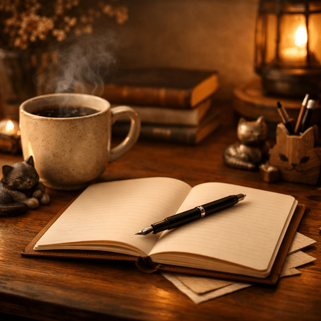 A high-resolution, modern and cozy writer’s workspace with warm, soft lighting. A wooden desk holds an open notebook, a pen resting across the page, and a steaming mug of coffee. Subtle cat-themed decor adds charm without distraction. The atmosphere feels calm, intimate, and welcoming, symbolizing community, reflection, and connection. The focus is sharp, with rich textures and gentle shadows, evoking a sense of belonging.