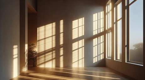 Soft sunlight filtering through a window into a room, creating a calm and peaceful atmosphere.