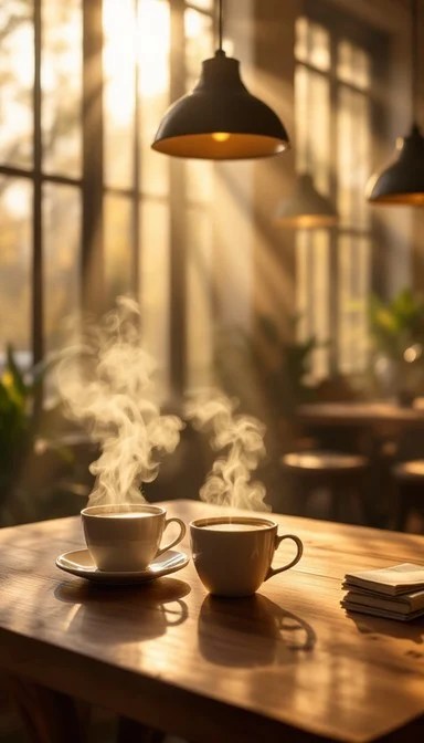 Two steaming cups of coffee on a wooden table in warm sunlight near a window.
