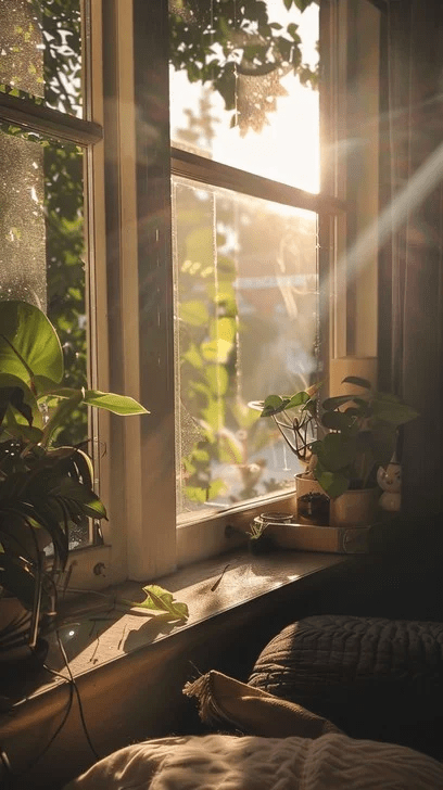 Warm sunlight streaming through a window onto houseplants and a quiet windowsill, creating a calm reflective atmosphere.