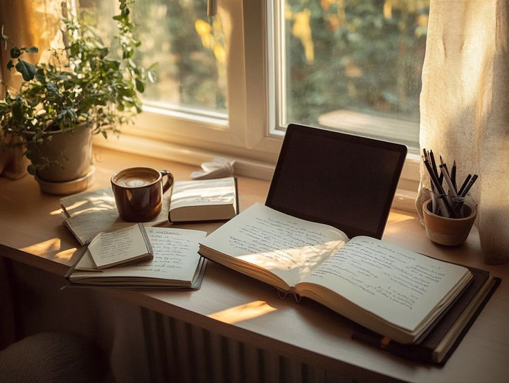 A quiet writing desk with a notebook and soft morning light, creating a calm reflective workspace